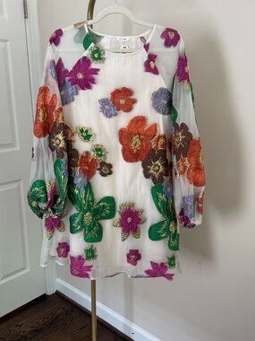 NWT En Creme Sheer Long Sleeve Dress with Multicolor Embroidered Floral Appliqué